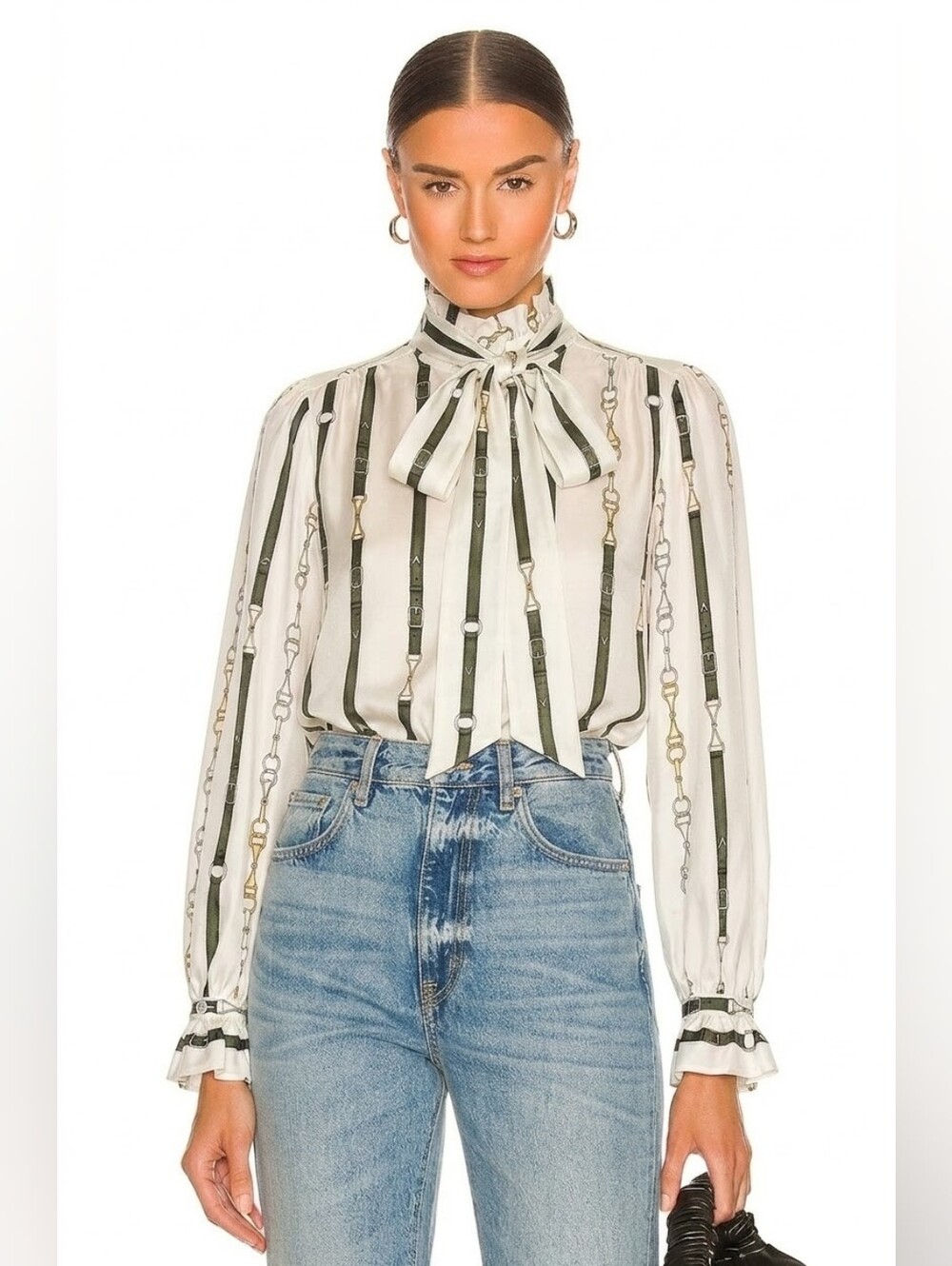 NWT Equipment Loudette in Nature White Chain Print Silk Tie Neck Blouse Shirt S